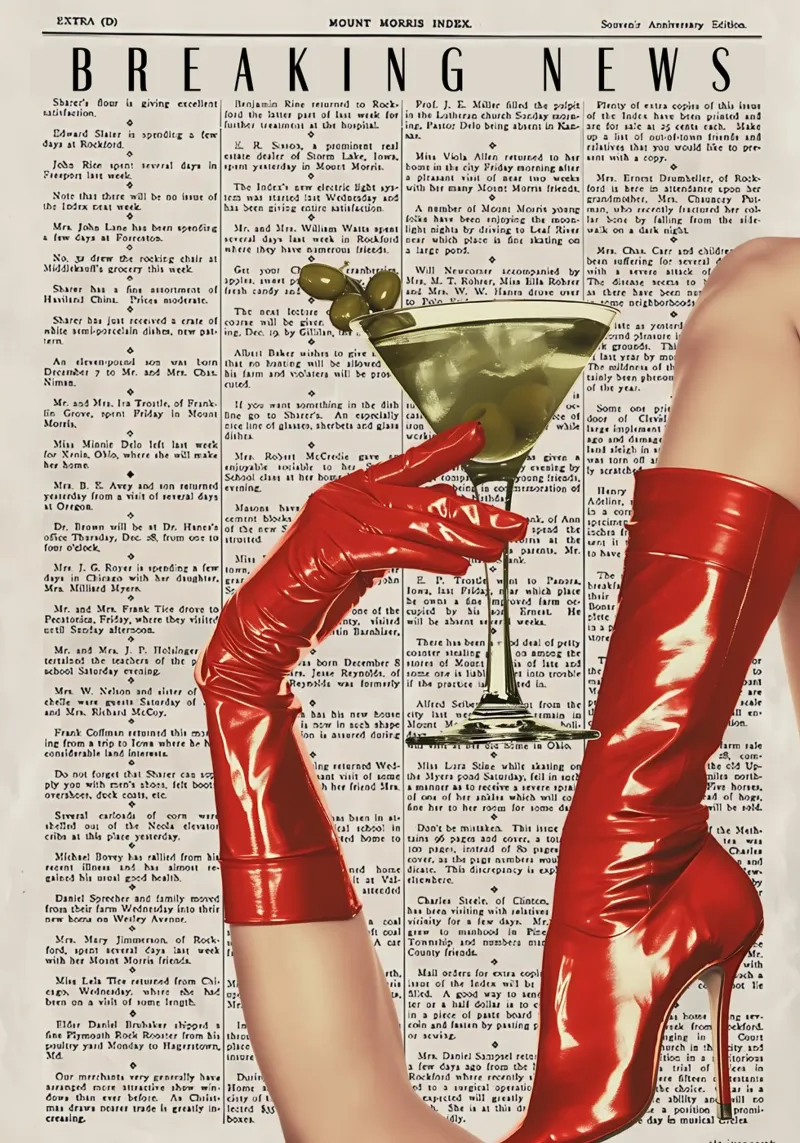 "Breaking News" Pop Art Femme Fatale - Red Heels & Olives canvas with Floater frame by NorwesClub