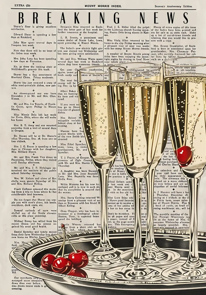 "Breaking News" Pop Art Champagne & Kersen - Viering canvas met Baklijst van NorwesClub