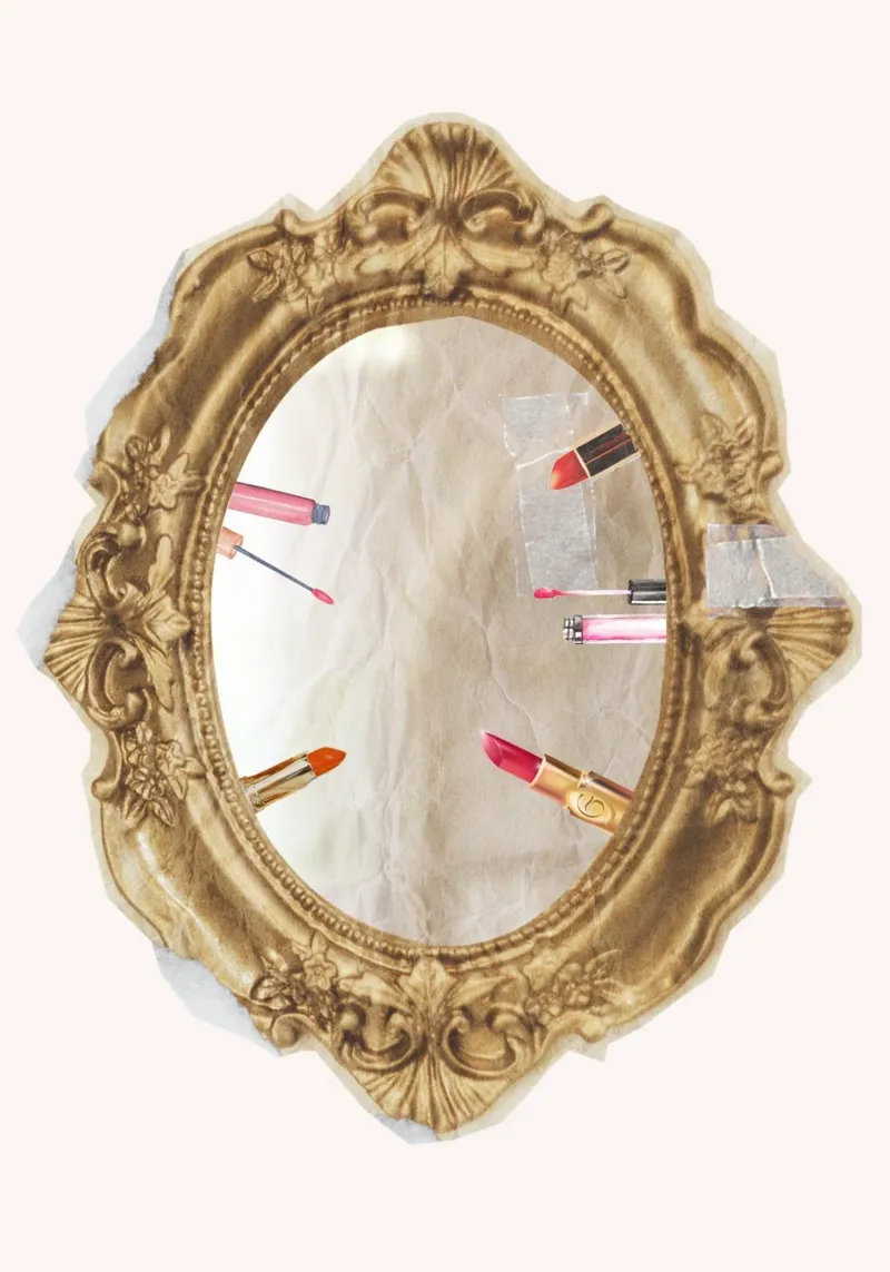 Natura morta dello specchio glamour - Stampa pop art rossetto e bellezza poster con telaio in plastica da NorwesClub