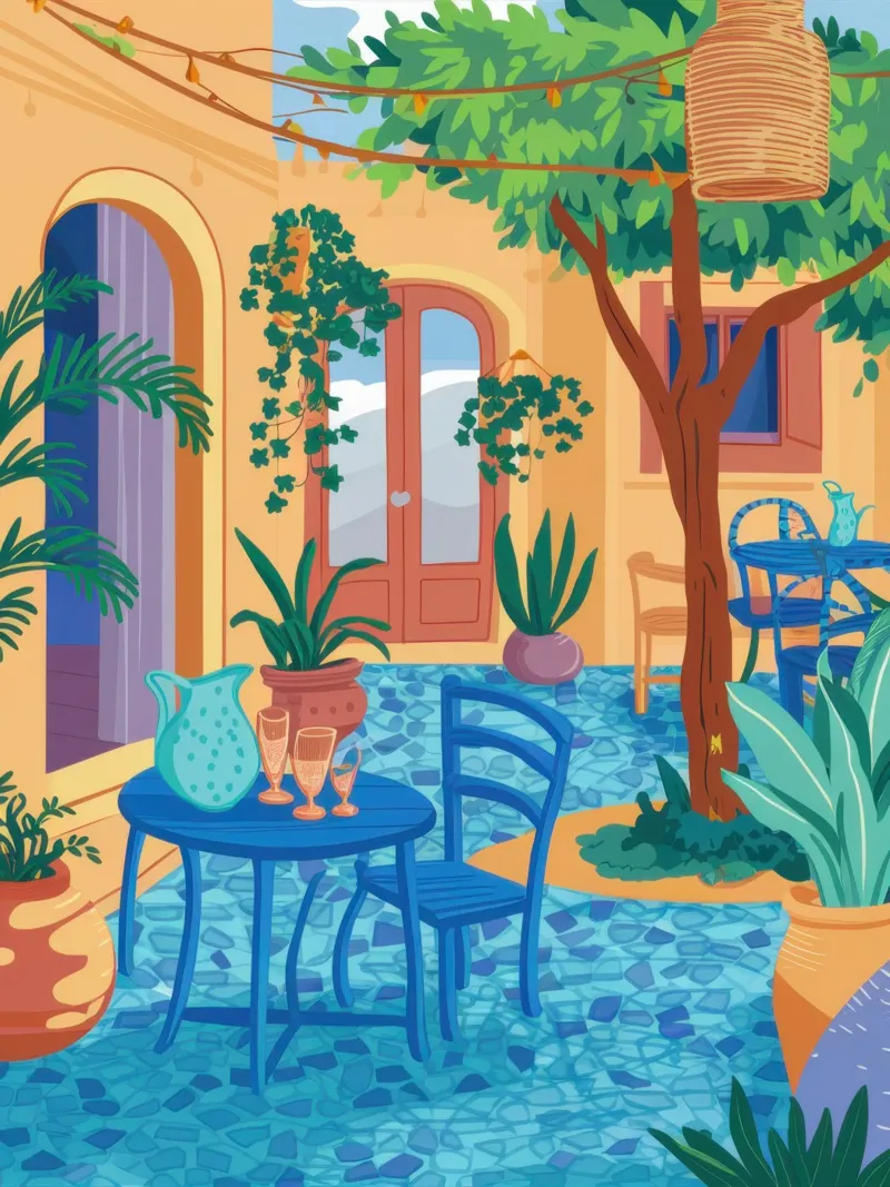 Blue Cafe Courtyard backlit film by Flock Reverie