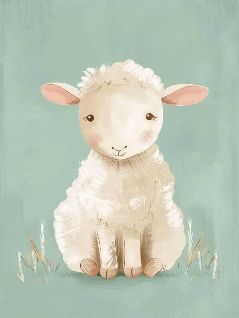Cute cartoon sheep sitting on a green background with grass acrylic glass by DesignDoodle