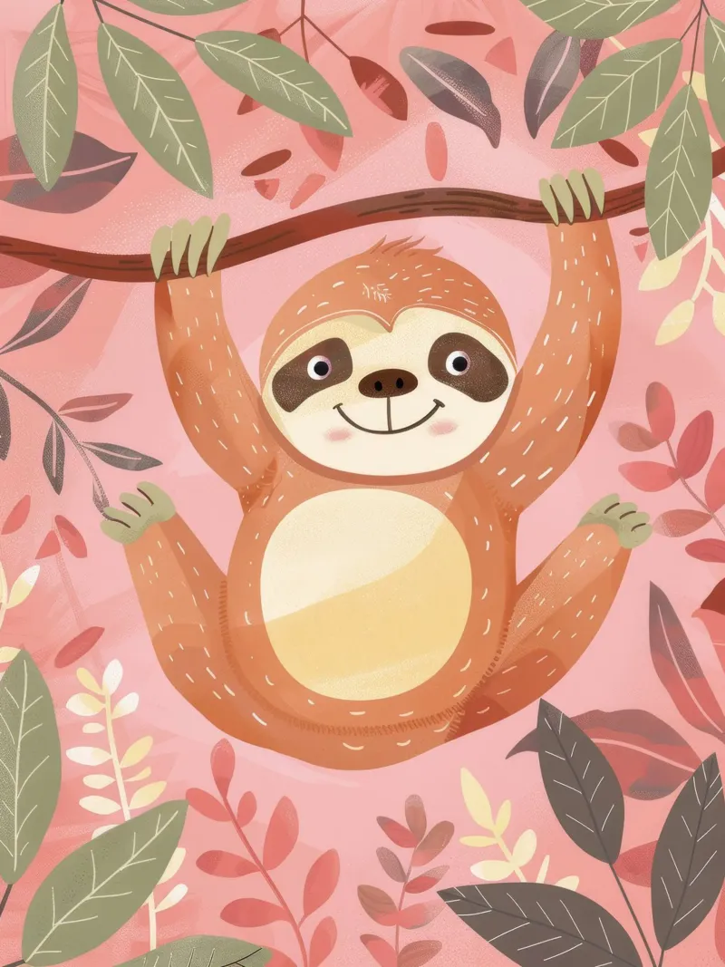 Bradipo appeso a un ramo in un ambiente tropicale con colore alluminio dibond da DesignDoodle