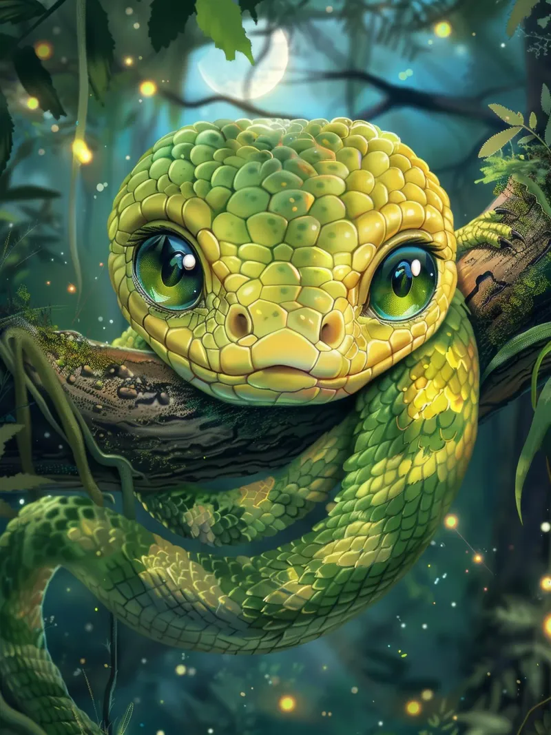 Whimsical green snake resting on a branch hahnemühle by DesignDoodle