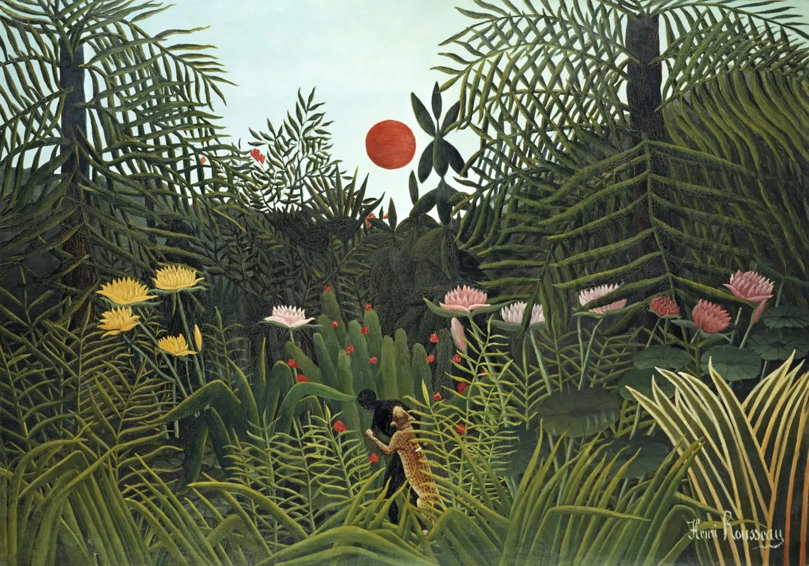 Foresta vergine con tramonto (1910) di Henri Rousseau pellicola backlit da Classic Art Prints