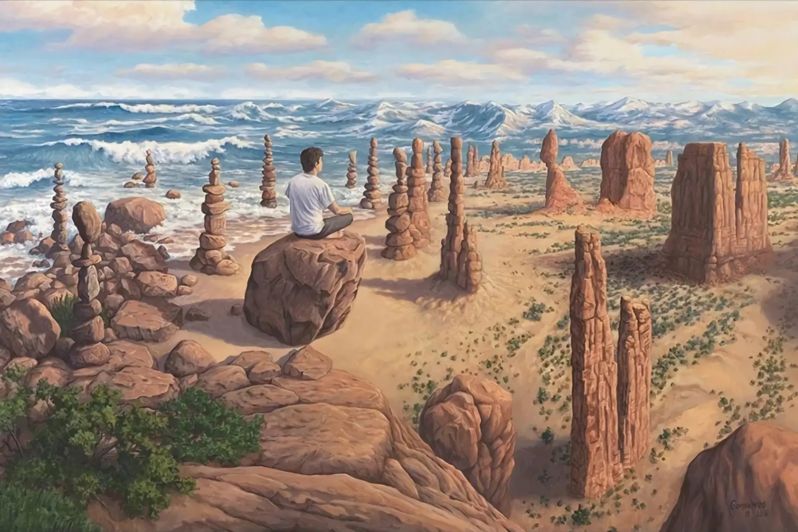 Rob Gonsalves Streben nach Gleichgewicht Poster mit Kunststoffrahmen von Trudeau Art Galley