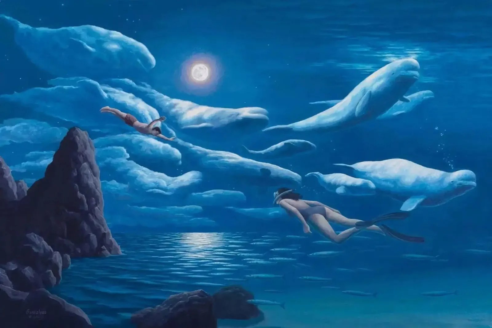 Rob Gonsalves Nuoto dei delfini pellicola backlit da Trudeau Art Galley