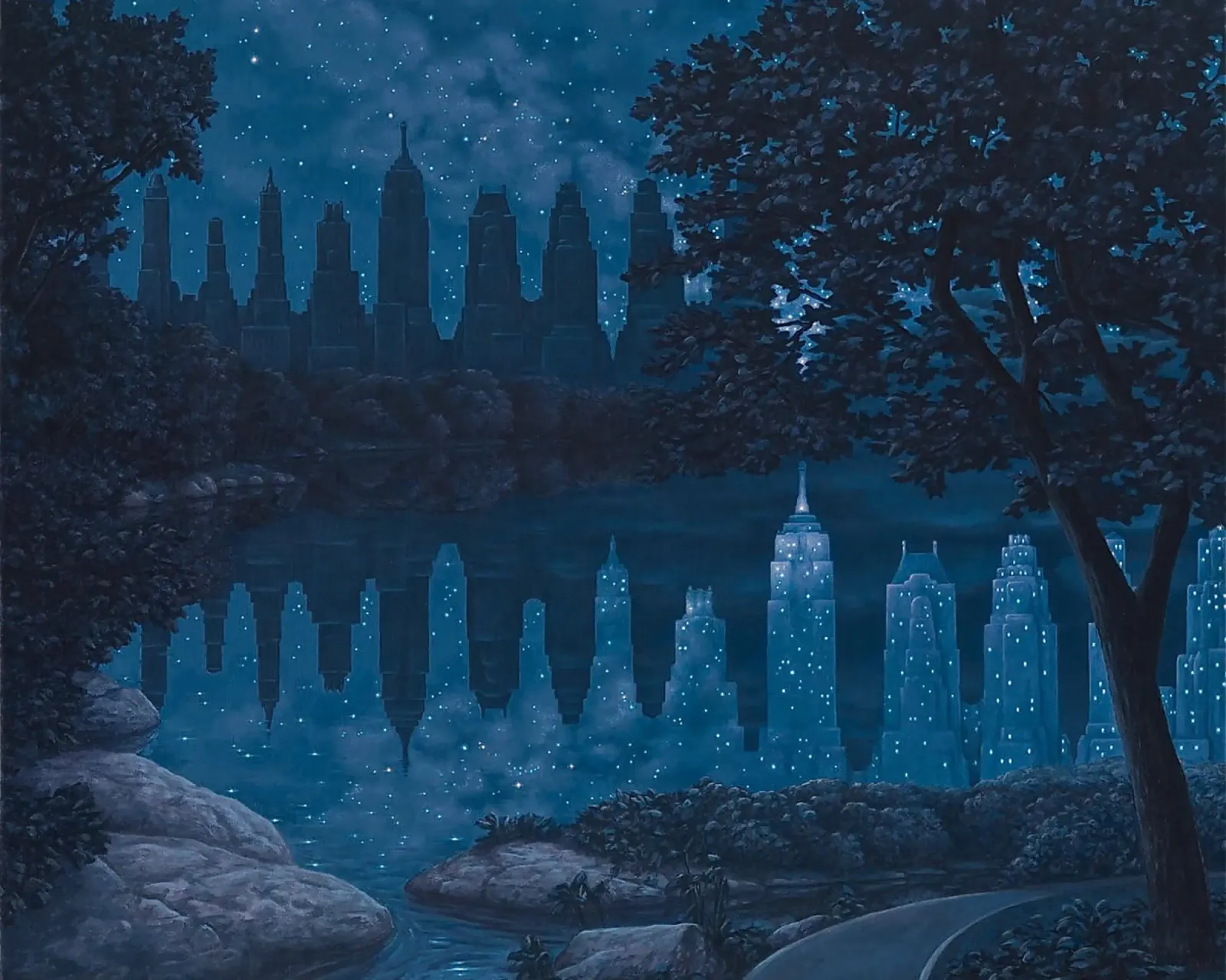 Rob Gonsalves Riflessione sulla città pellicola backlit da Trudeau Art Galley