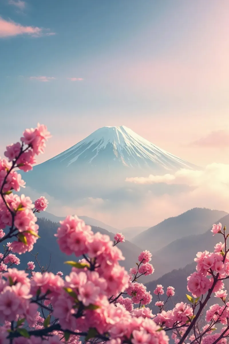 Il Monte Fuji in Giappone con i ciliegi in fiore carta hahnemühle da RB-Digital-Paintings