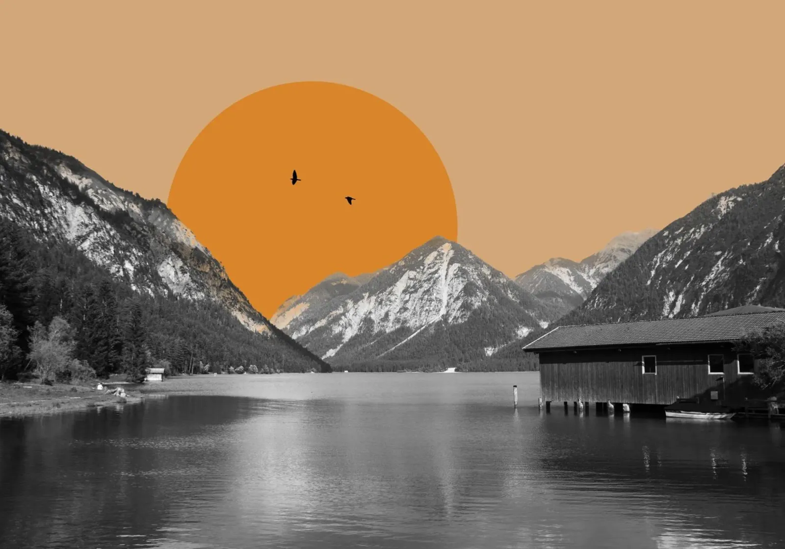 Collage di tramonti sul lago di montagna poster con telaio in legno da collage