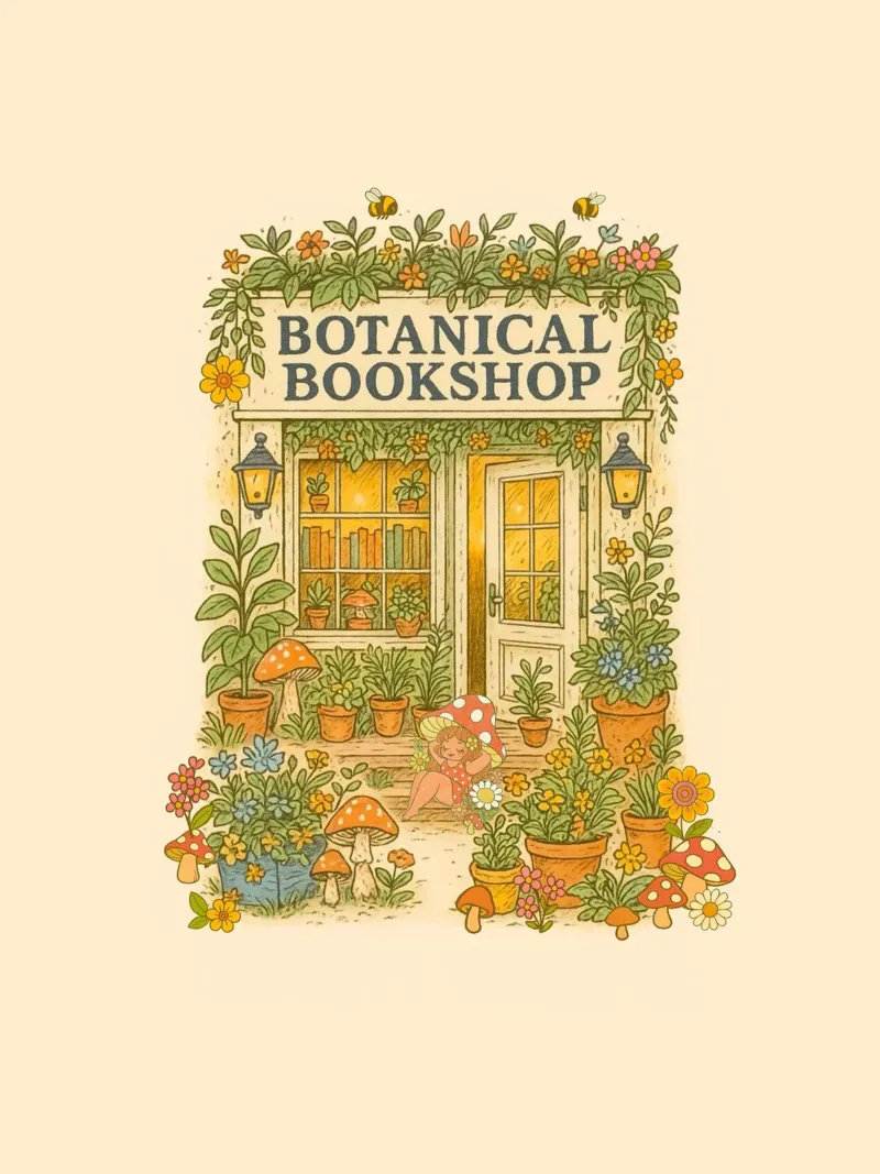 Botanical Bookshop with chubby fairy illustration poster canvas by Taika Tori Art