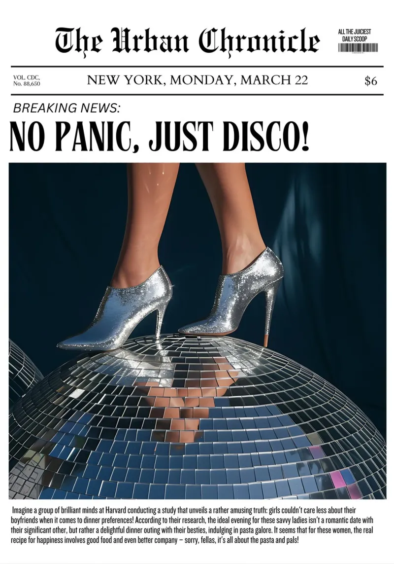Niente panico, solo discoteca! - Stampa delle notizie sui tacchi d'argento poster con telaio in plastica da NorwesClub