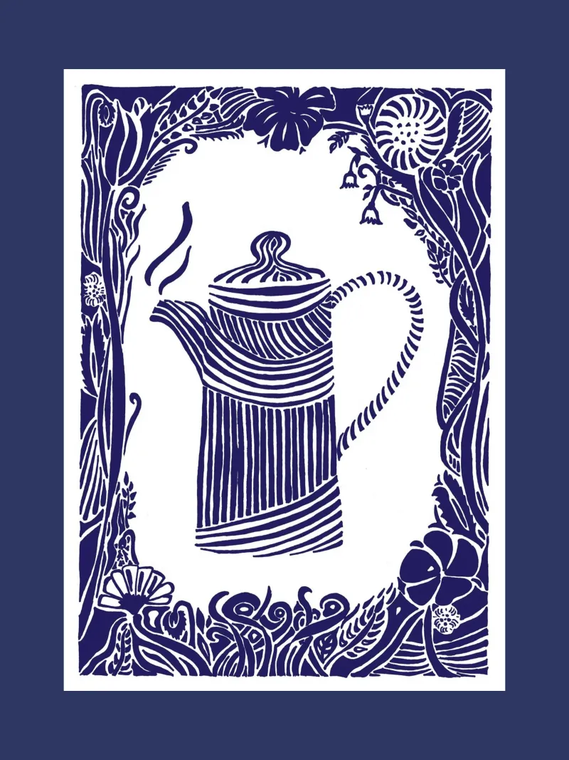 Theepot in silhouet look donkerblauw op wit canvas van PaperLine Art