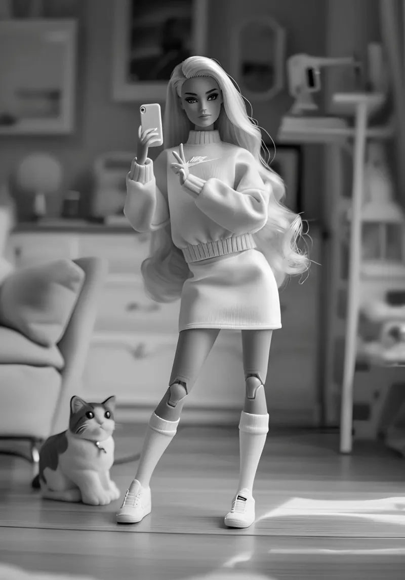 Barbie Selfie with Cat - Monochrome Pop Culture Print canvas with Floater frame by NorwesClub