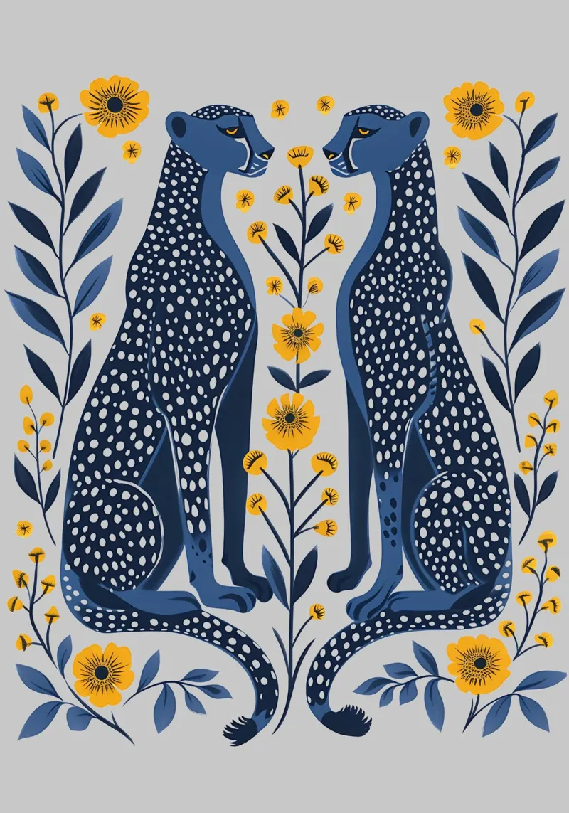 Guepardos índigo y flores de caléndula - Folk Art Print metacrilato de NorwesClub
