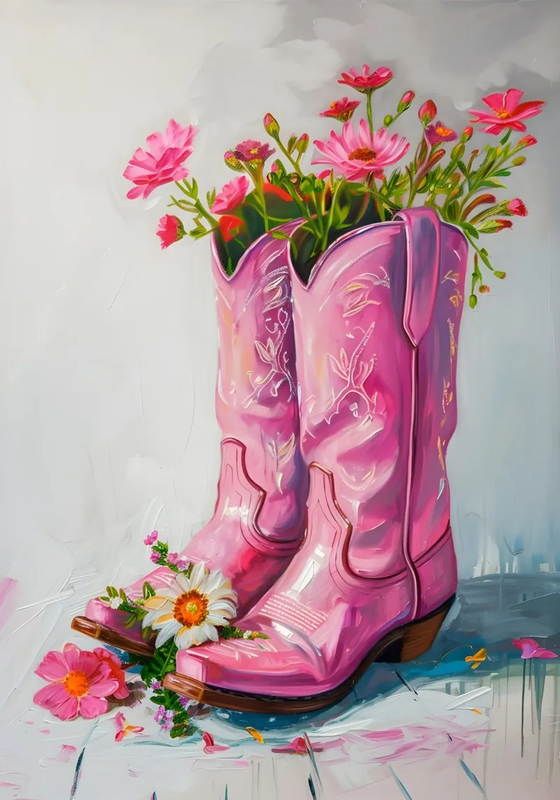 Botas vaqueras rosa con flores metacrilato de Yaso Design & Art