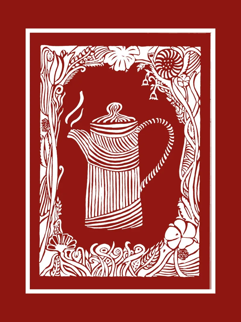 Teekanne in Scherenschnittoptik weiß vor Mohnrotem Grund Hahnemühle von PaperLine Art