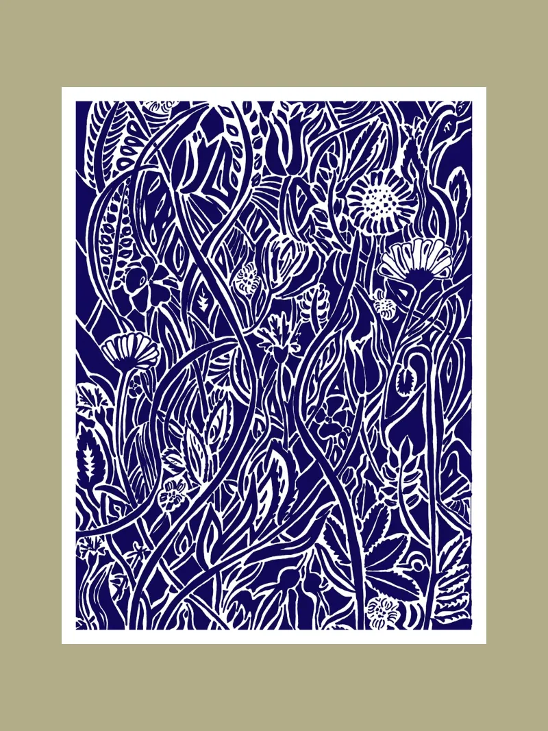 Spätsommerwiese in Scherenschnittoptik weiß auf dunkelblau Hahnemühle von PaperLine Art