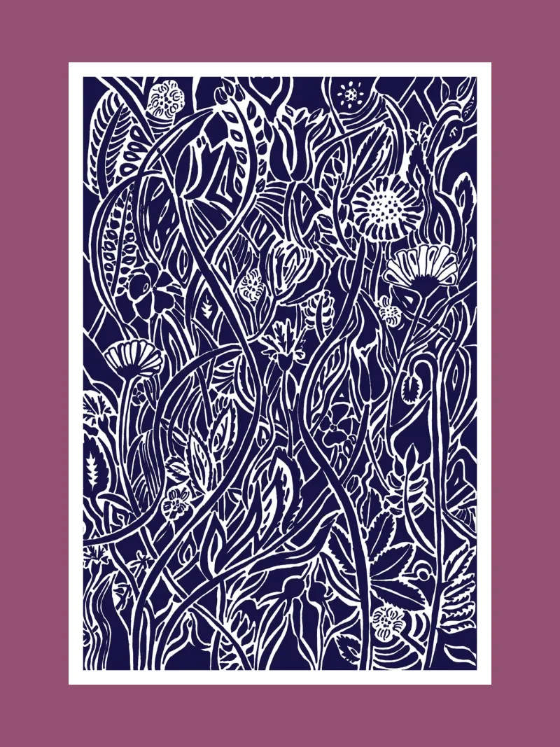 Spätsommerwiese in Scherenschnittoptik weiß vor dunkleblau Hahnemühle von PaperLine Art
