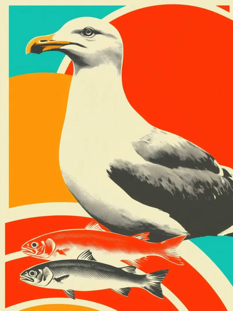 A seagull with two fish - Nostalgic maritime screen printing hahnemühle by Autofocus
