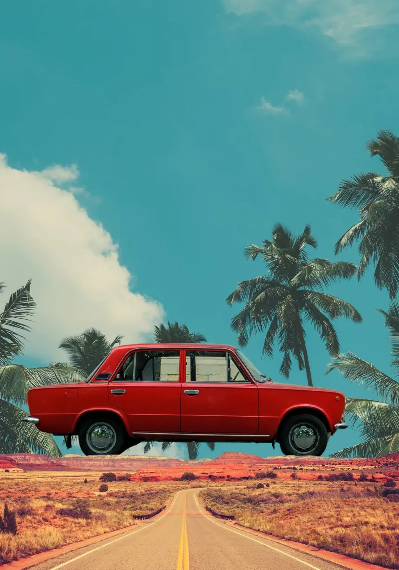 Viaggio tropicale in auto rossa pellicola backlit da Berwies Artwork