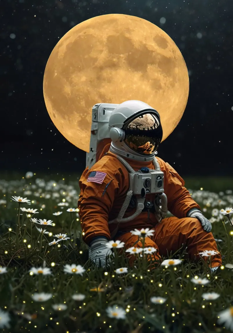 Astronauta in un campo di margherite con la luna pellicola backlit da Berwies Artwork