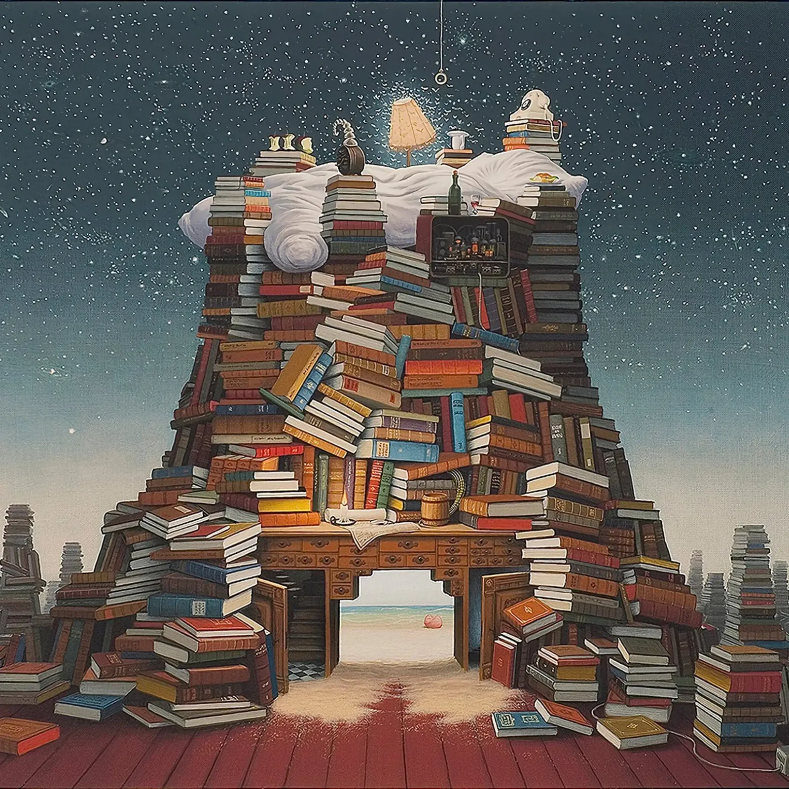 Lettura notturna di Jacek Yerka pellicola backlit da Trudeau Art Galley