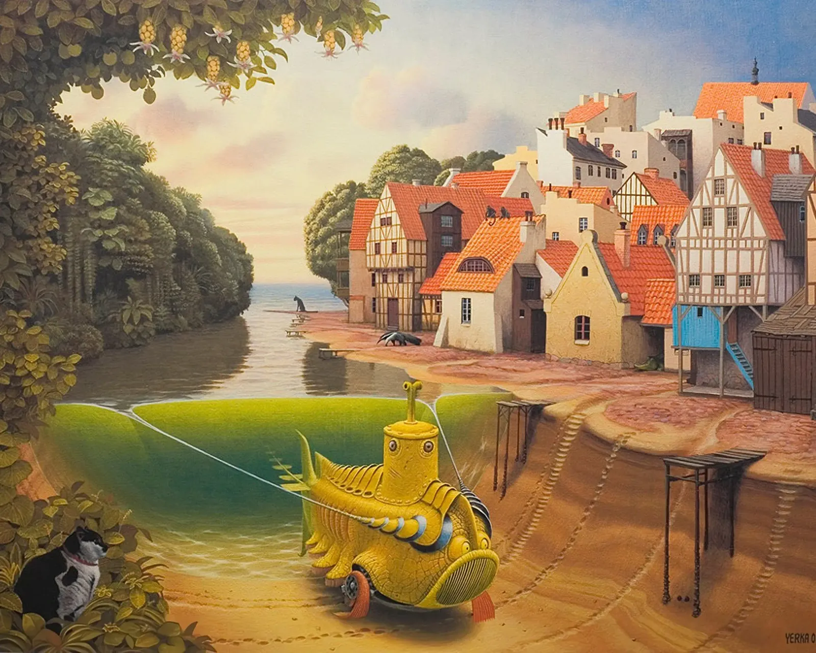 River in The Village By Jacek Yerka canvas by Trudeau Art Galley