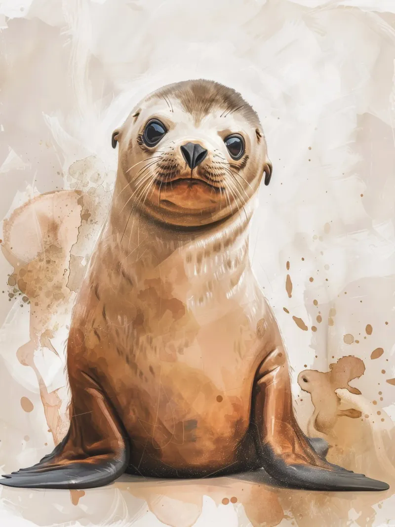 Mignon bébé phoque se reposant sur un rivage sablonneux avec une douce aquarelle hahnemühle de DesignDoodle