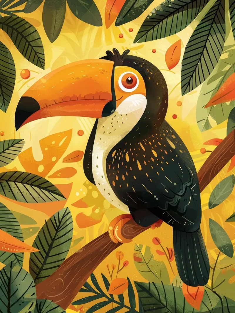 Tucano colorato appollaiato su un ramo circondato da fogliame pellicola backlit da DesignDoodle