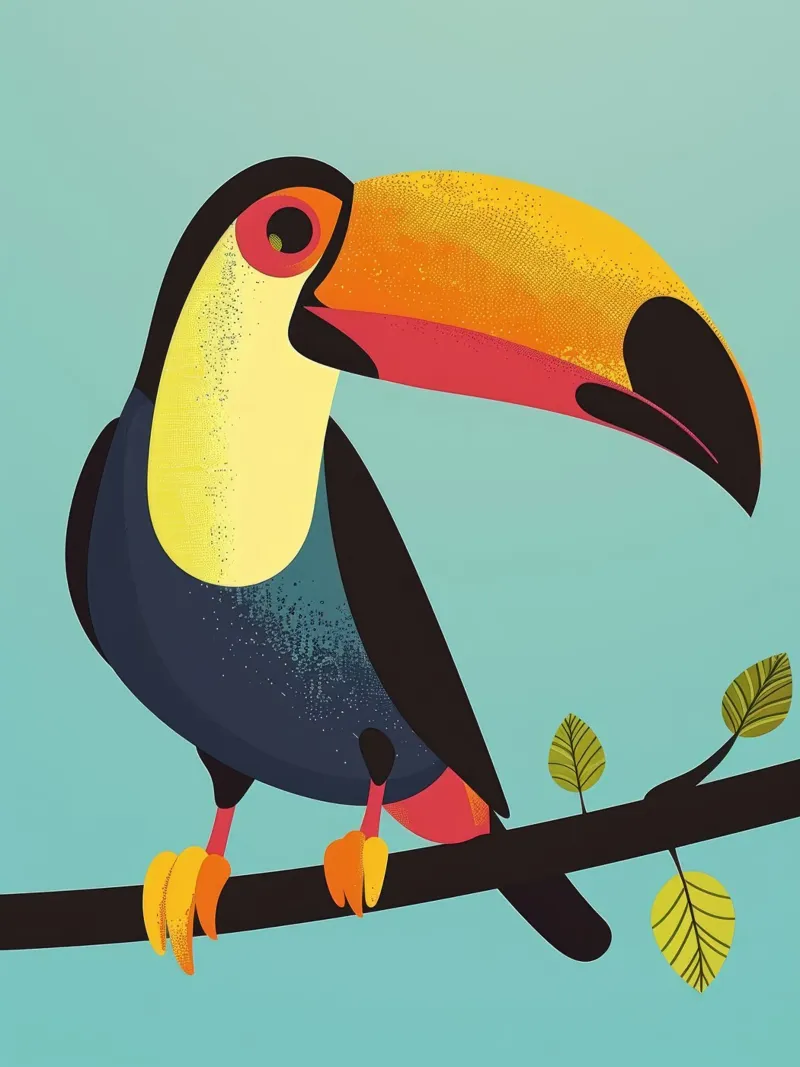 Tucano variopinto appollaiato su un ramo su un'opera d'arte turchese alluminio dibond da DesignDoodle
