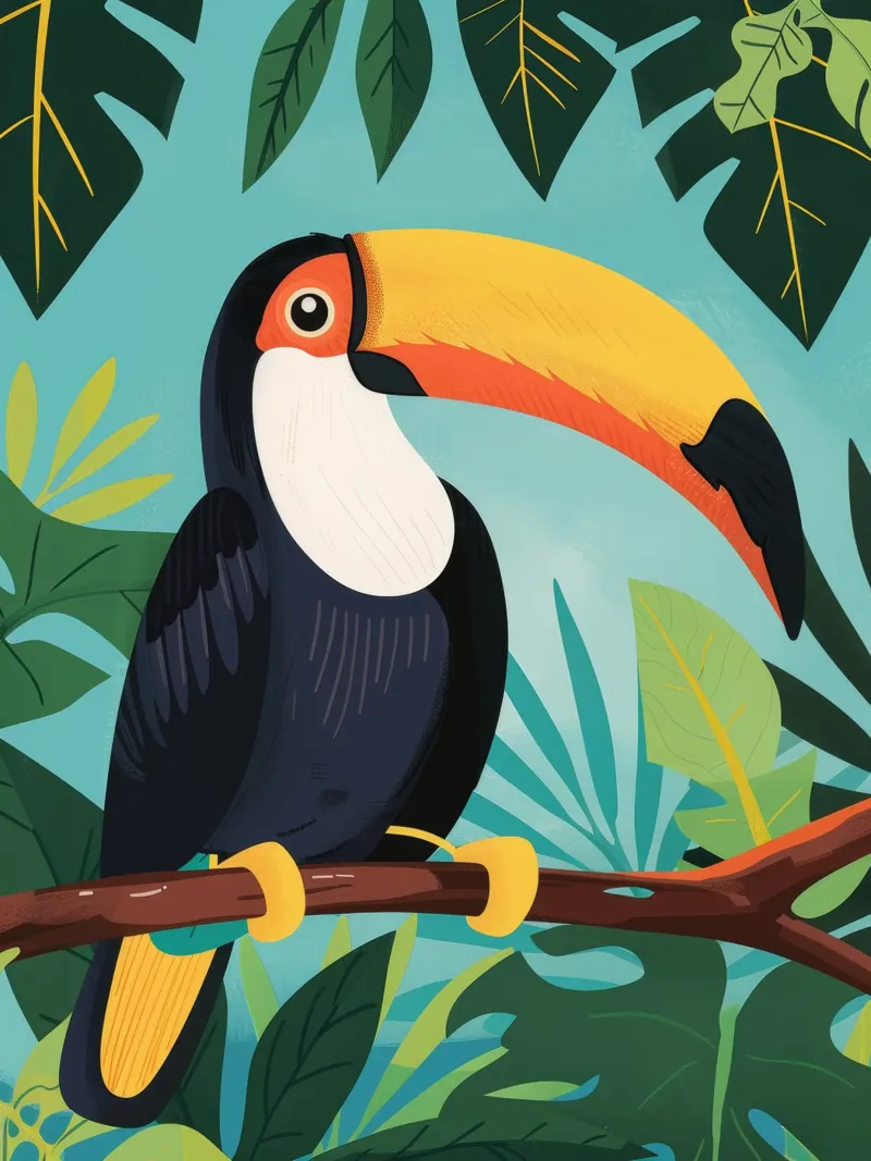 Tucano appollaiato su un ramo nella giungla di fogliame tropicale pellicola backlit da DesignDoodle