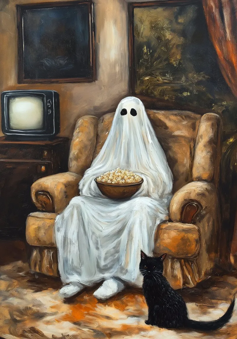 Halloween Ghost Watch Movies with Popcorn and Cat hahnemühle by Fleur de Lys