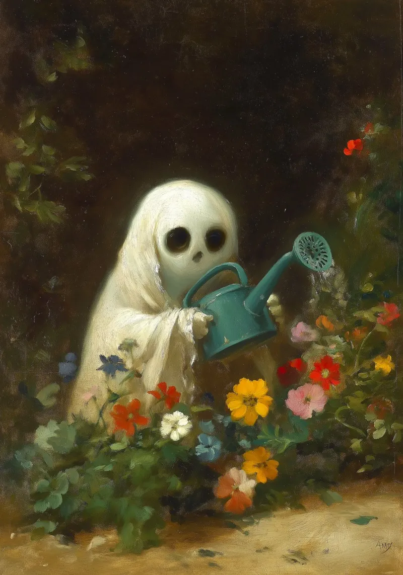 Fantasma di Halloween che innaffia i fiori in giardino pellicola backlit da Fleur de Lys