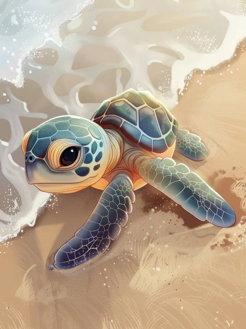 Una tortuga bebé se encuentra con las olas del mar en una playa de arena metacrilato de DesignDoodle