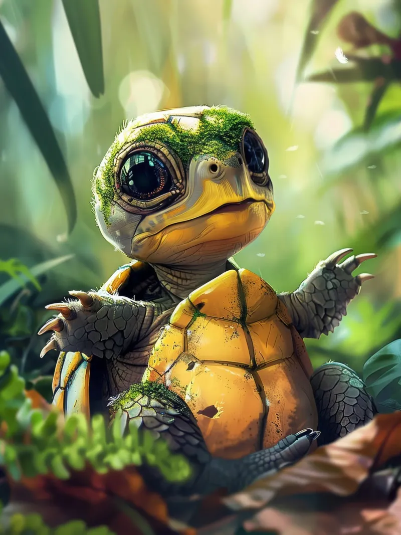 Un tenero cucciolo di tartaruga esplora l'habitat di una foresta verde e rigogliosa pellicola backlit da DesignDoodle