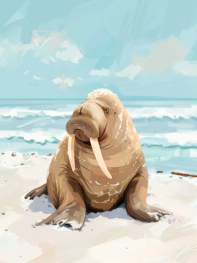 Tricheco che riposa su una spiaggia sabbiosa con le onde dell'oceano pellicola backlit da DesignDoodle