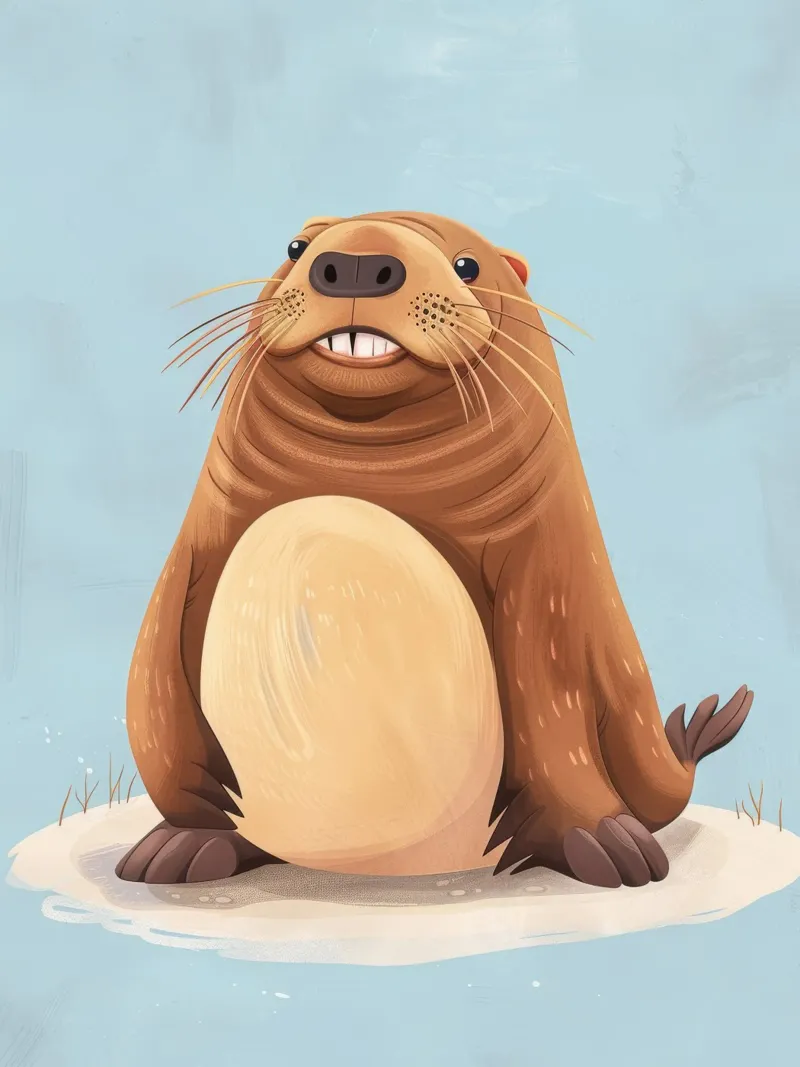 Simpatica mascotte di lontra seduta su una spiaggia sabbiosa, sorridente pellicola backlit da DesignDoodle