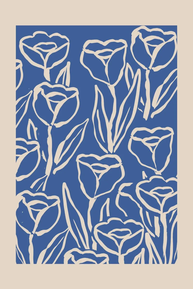 Abstrakte blaue & beige Umrisse floraler Kunst Leinwand von Melloi Art Print