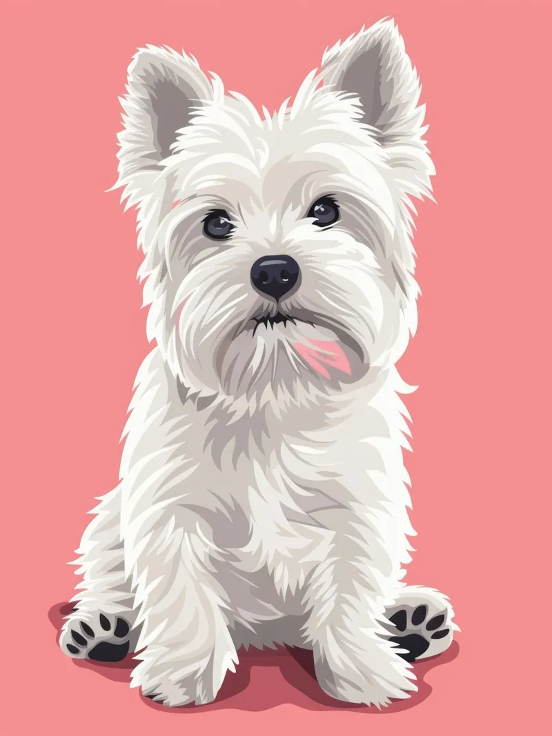 Chien blanc mignon à la fourrure duveteuse assis sur un tableau rose hahnemühle de DesignDoodle
