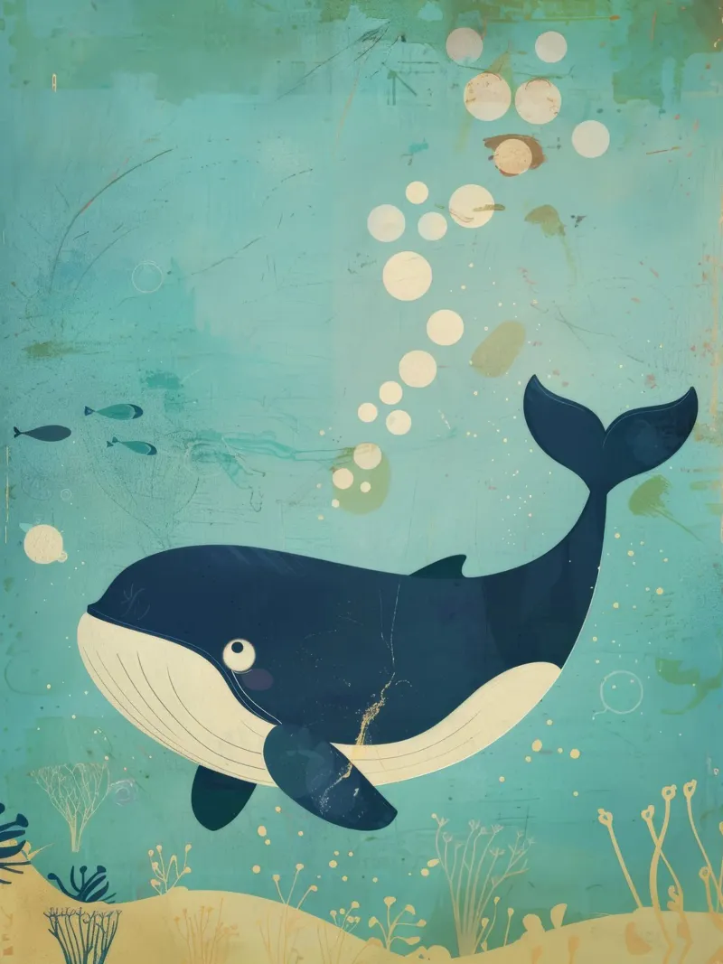 Ballena nadando graciosamente entre peces en un submarino metacrilato de DesignDoodle