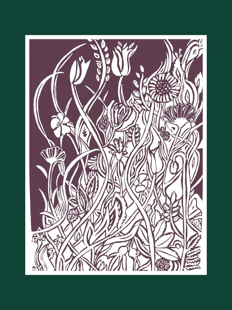 Blumenwiese in Scherenschnittoptik vor dunkelgrünem Grund Hahnemühle von PaperLine Art