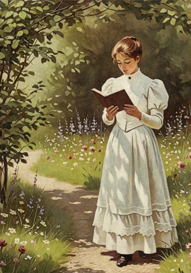 Victorian Lady Reading in a Garden Path, Romantic Vintage canvas by Hecate Pim Designs