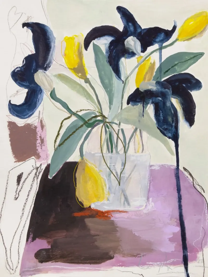 Still Life - Blue Iris and daffodils poster with plastic frame by Leigh Viner