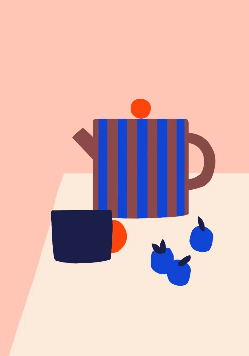 Slow Living 01 - still life of a tea pot with plums poster met kunststof frame van Maren Gross
