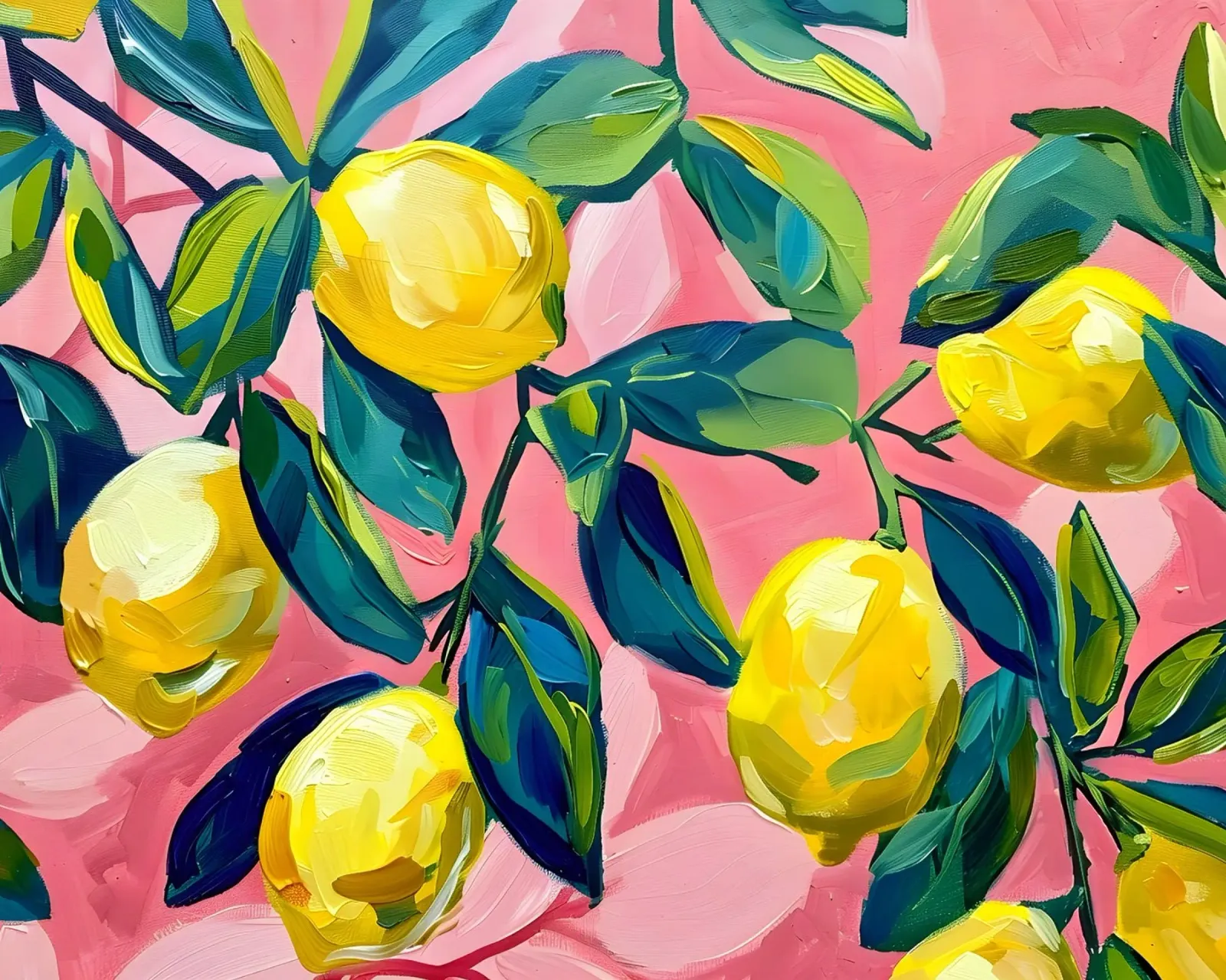 Lemons with leaves and background in pink canvas with Floater frame by Yaso Design & Art