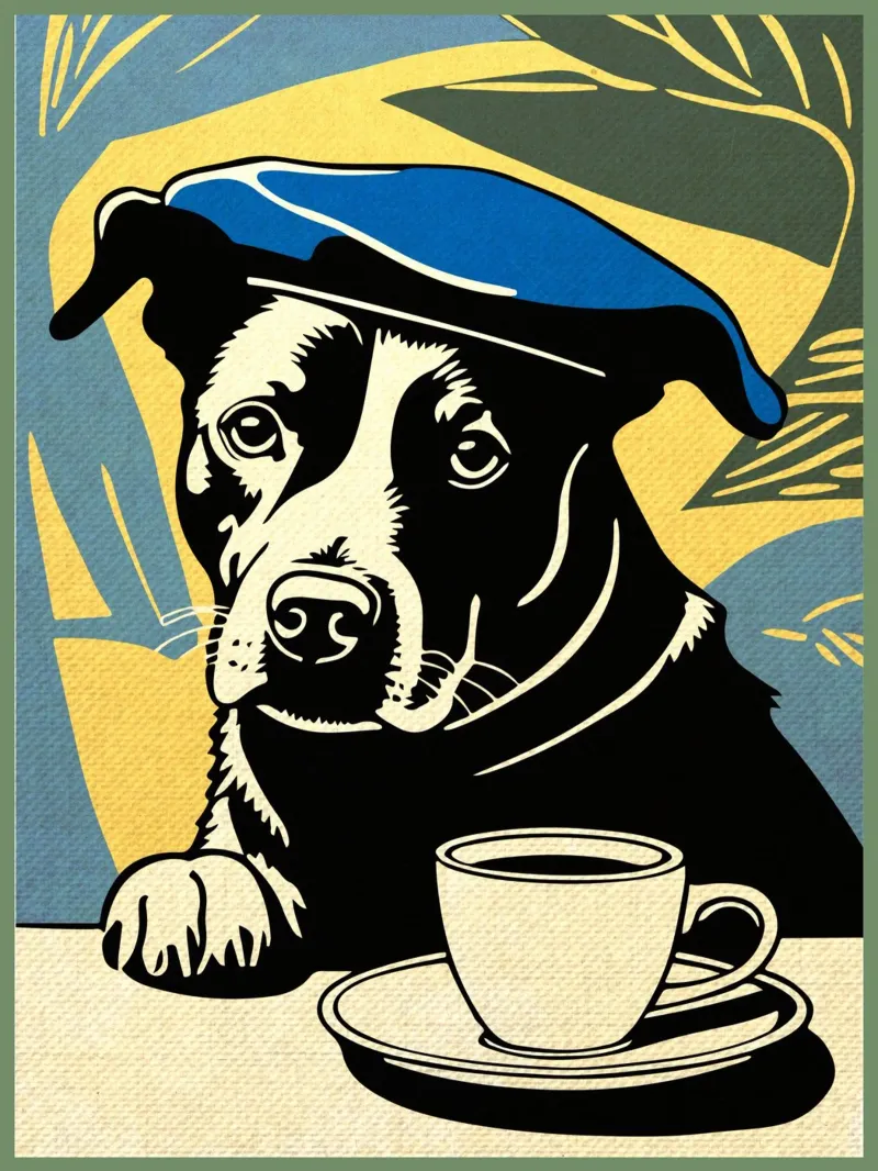 Cane con berretto e caffè pellicola backlit da Drew Studio