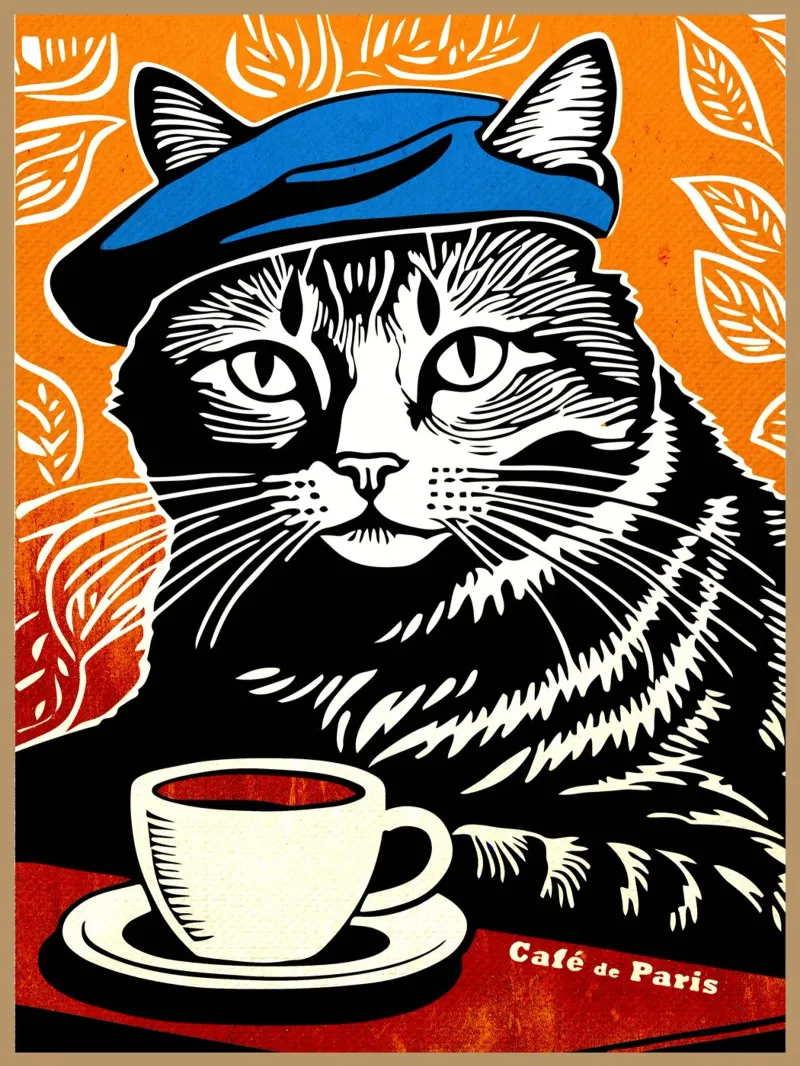 Gatto con berretto e caffè poster da Drew Studio