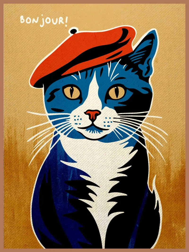 Bonjour Gatto con berretto carta hahnemühle da Drew Studio