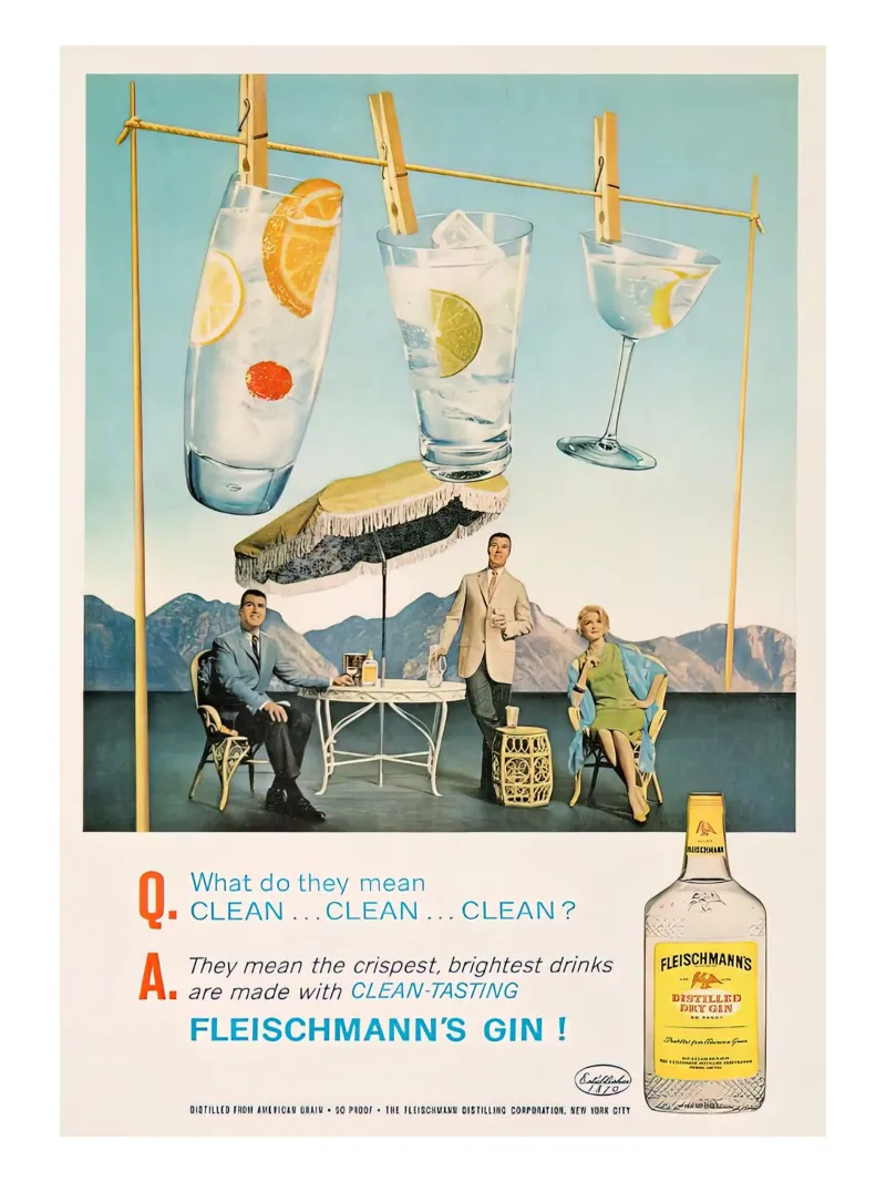 Pubblicità di un gin retrò kitsch carta hahnemühle da Cocktail Drink