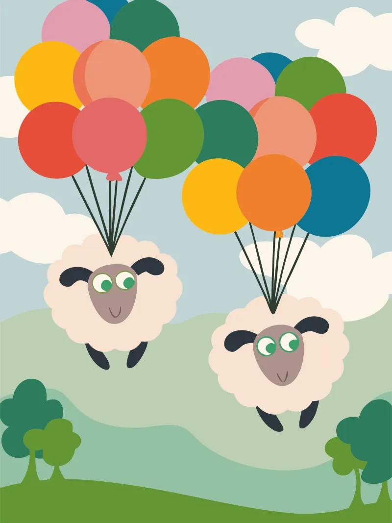 Due pecore volano con un palloncino plexiglass da CUTE ANIMALS